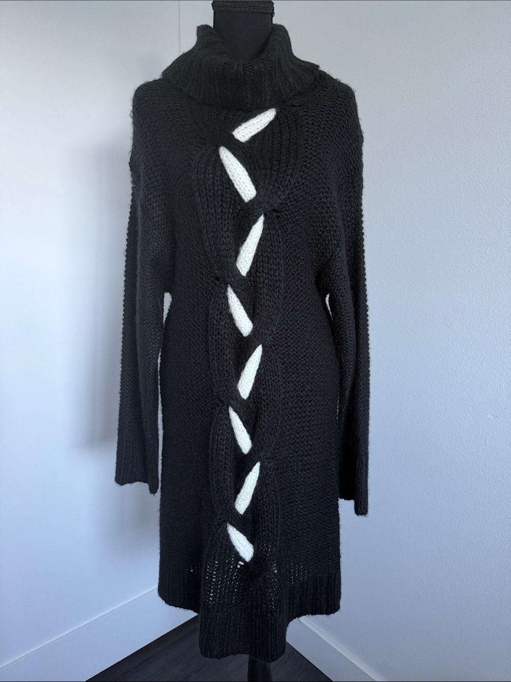 Black Cowl-Neck Sweater Dress with White Braided Detail